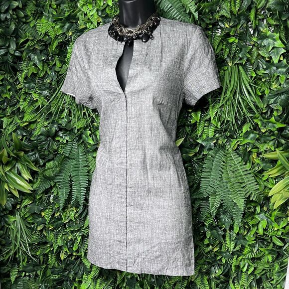 THEORY Dress Women XS Gray‎ Slit Front Linen Blend Shark Skin Shift 2202 - Picture 1 of 11